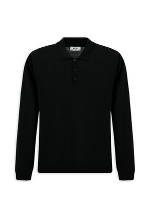 Zwarte poloshirt met lange mouwen van een zachte brei. Voorzien van een drieknoopsluiting en geribbelde manchetten. Klassiek ontwerp zonder patronen.
