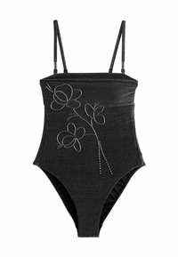 Maillot de bain noir avec des bretelles réglables, broderie florale en argent, tissu texturé avec une finition pailletée et un design de jambe échancrée.