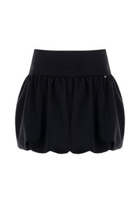 Gonna a palloncino nera a vita alta con una fascia larga in vita e tessuto arricciato e voluminoso che crea una silhouette arrotondata.