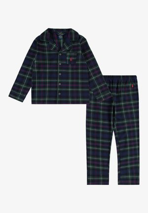 Set di pigiama a quadri blu navy composto da una camicia con bottoni, colletto e taschino sul petto, abbinata a pantaloni con elastico in vita.