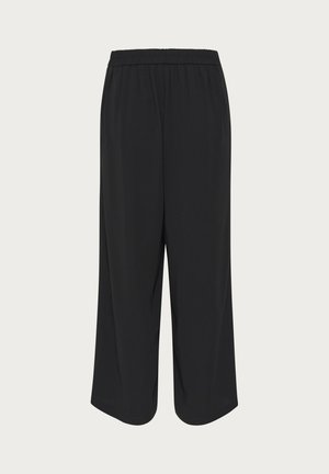 Black cropped trousers with an elastic waistband, featuring a lightweight fabric and a loose-fitting design. Suitable for casual wear.