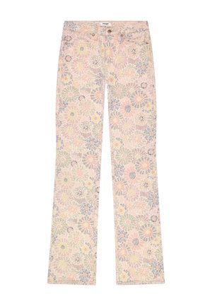 Τζιν με ίσια γραμμή, παστέλ πολύχρωμο λουλουδάτο σχέδιο, στυλ με πέντε τσέπες και ετικέτα μάρκας Wrangler στη μέση.