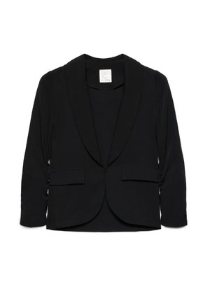 Blazer noir pour femme à manches longues, col châle et deux poches avant à rabat, posé à plat sur fond blanc.