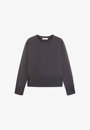 Tamno siveći skraćeni dukserica s okruglim izrezom, raglan rukavima i rebrastim manžetama. Glatka tekstura bez vidljivih uzoraka ili detalja.