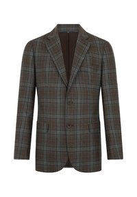 Blazer da uomo a quadri marrone e blu con due bottoni, rever a punta e tasche a pattina frontali, completamente foderato all'interno.