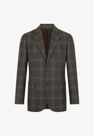 Braun-blauer Karo-Zweiknopf-Herrenblazer mit Reverskragen und vorderen Klappentaschen, vollständig gefüttert.
