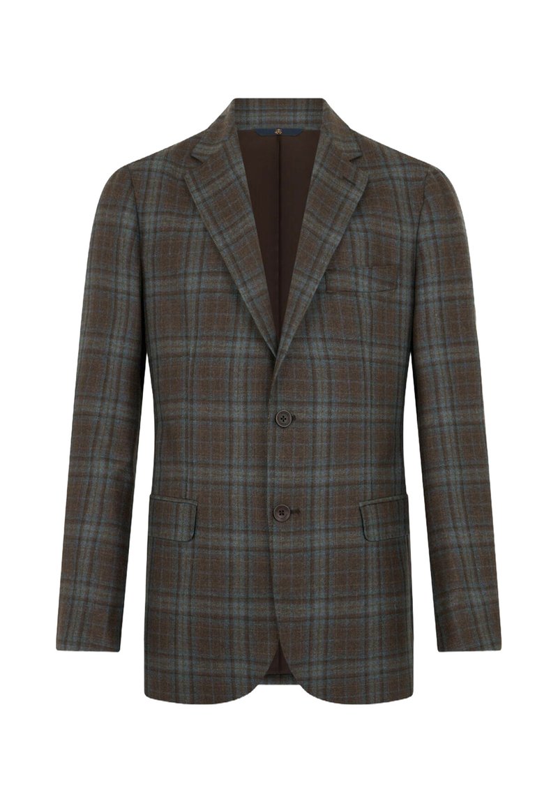 Blazer da uomo a quadri marrone e blu con due bottoni, rever a punta e tasche a pattina frontali, completamente foderato all'interno.