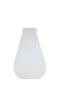 Weißer Schlafsack mit ärmellosem Design, abgerundetem Boden und glatter Textur. Der Stoff erscheint weich und leicht.