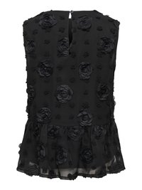 Blouse noire sans manches avec appliques de roses 3D, fermeture par boutons au dos et ourlet à volants.