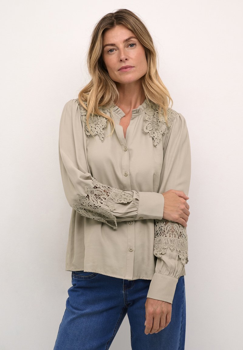 Blouse beige clair avec des détails en dentelle sur les épaules et les manches. Elle possède un devant à boutons et des poignets froncés. Texture de tissu lisse.