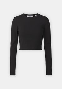 Zwart langemouwige cropped top van ribstof met een ronde halslijn en een aansluitend ontwerp. Geen zichtbare patronen of hardwaredetails.