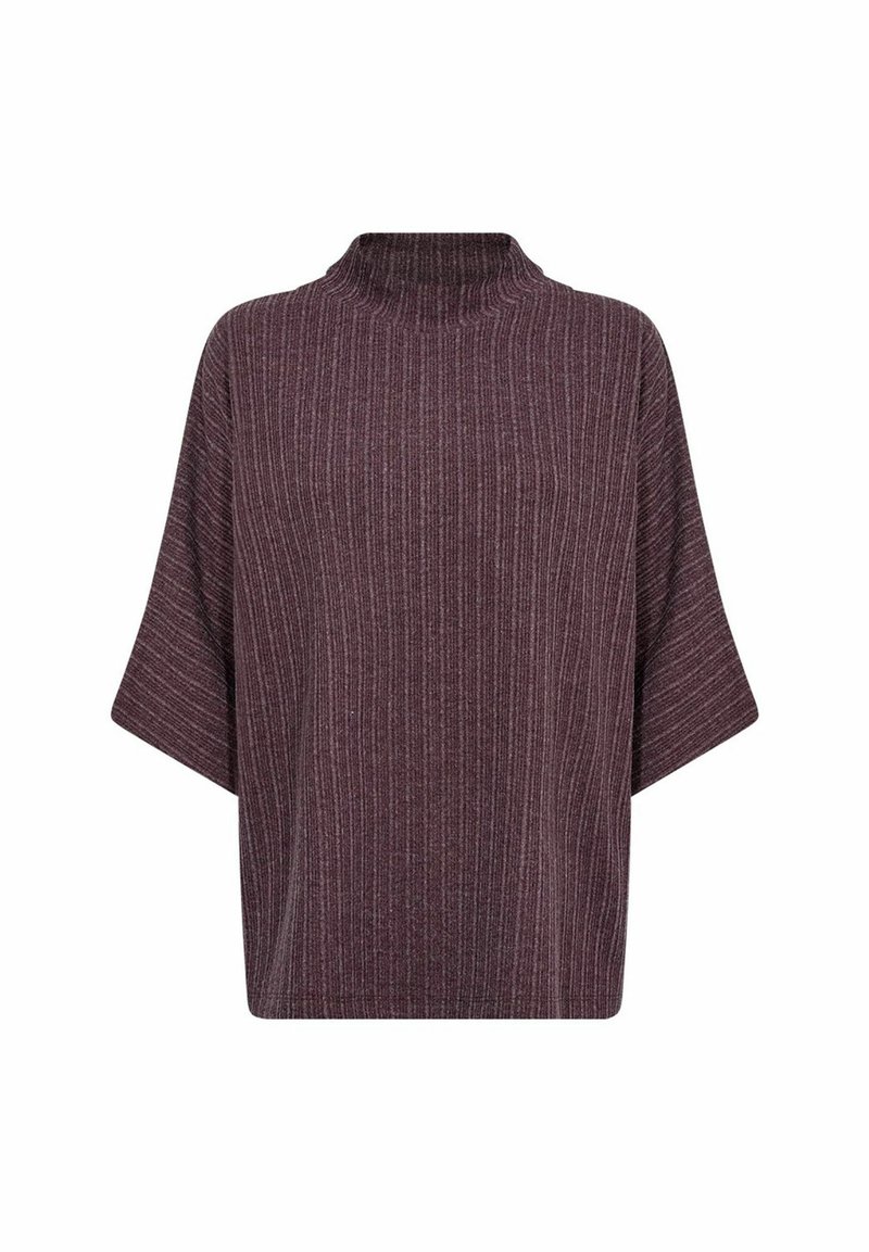 Übergroßer kastanienbrauner Strickpulli mit hohem Kragen, der vertikale Rippstruktur und kurze Ärmel aufweist. Schlichte, lässige Silhouette.