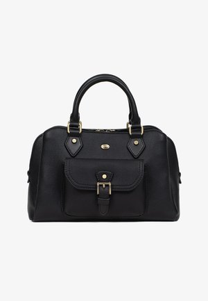 Czarna teksturowana skórzana torebka na ramię z podwójnymi uchwytami, przednią kieszenią na klamrę i złotymi metalowymi akcentami na białym tle.