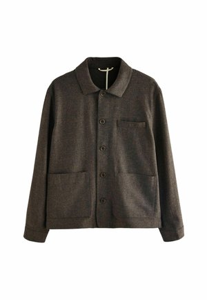 Dark brown button-up jacket made of textured fabric, featuring a collar, a chest pocket, and two front patch pockets.