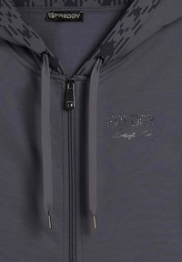 Felpa con cappuccio grigia con cerniera, con fodera del cappuccio a motivo, che presenta il logo "FREDDY" in strass argento e accessori del cordino coordinati.