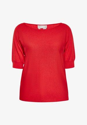 Rode korte mouwen gebreide top met een wijd uitgesneden halslijn en omgeslagen mouwen. Soepele textuur, casual ontwerp en een losse pasvorm. Etiket zichtbaar bij de kraag.