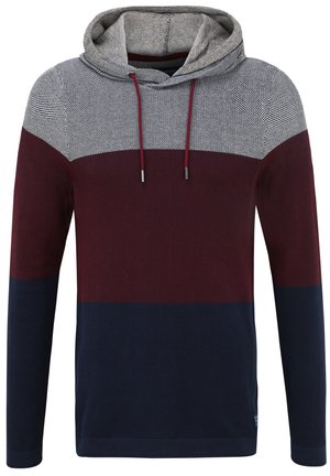 Kapišonas su tekstūruotu mezginiu, pilkos, bordo ir tamsiai mėlynos juostos, su raišteliais ir ilgomis rankovėmis.