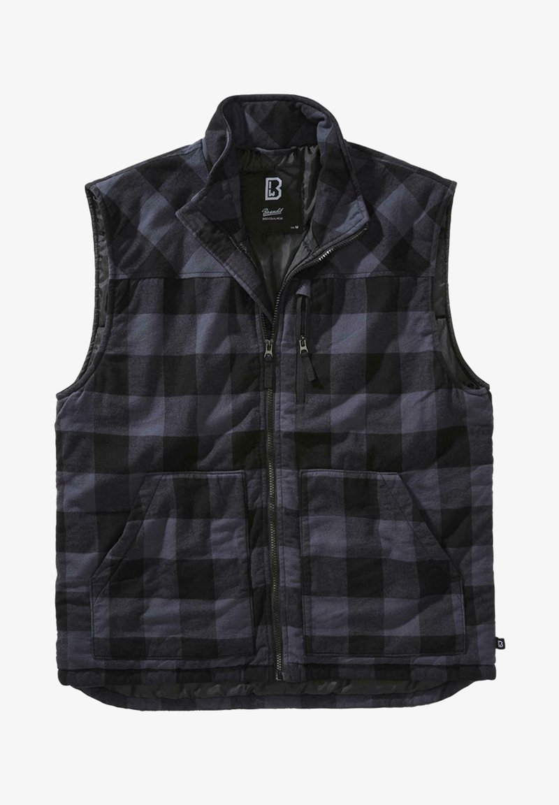 Črno-siv karirast jopič z visokim ovratnikom, sprednjim zadrgo in dvema velikima stranskima žepoma. Mehka tekstura in prezračen dizajn.