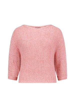 Mäkký ružový pletený sveter s trojštvrťovými rukávmi a mierne skráteným, voľným strihom.
