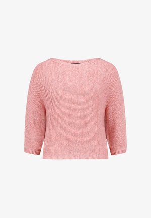 Mäkký ružový pletený sveter s trojštvrťovými rukávmi a mierne skráteným, voľným strihom.