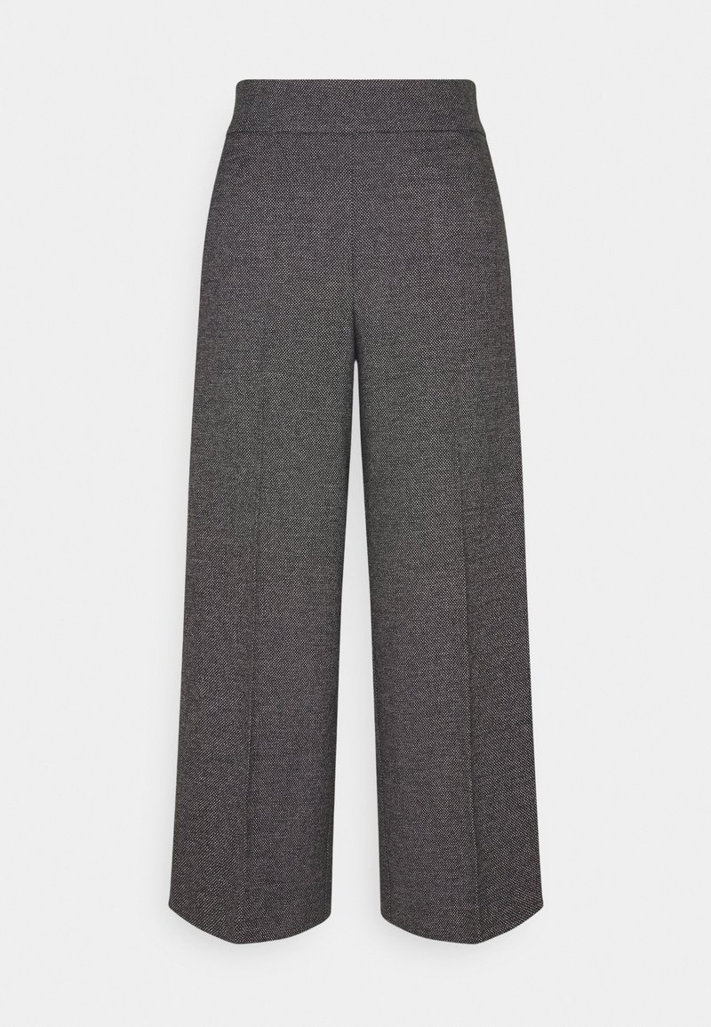 Pantalon gris taille haute à jambes larges avec un motif texturé subtil, devant plat et coutures ajustées, présenté sur un fond blanc uni.