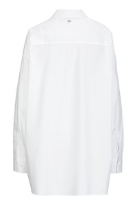 Long-sleeve white button-up shirt with a collar, visible cuffs, and a small brand logo centered below the collar on the back.