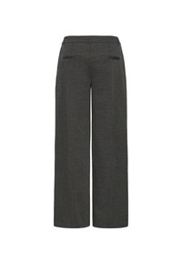Pantaloni larghi grigi realizzati in tessuto morbido. Presentano una vita liscia e due tasche posteriori con un sottile dettaglio di cucitura.