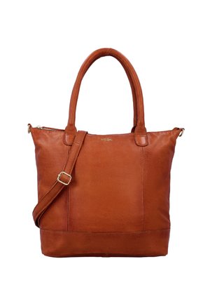 Bruine leren shoppers met dubbele handvatten en verstelbare schouderband, ritssluiting en een subtiel merklogo aan de voorkant.