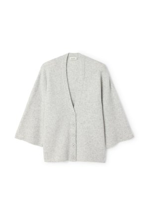 Cardigan gris clair avec un col en V, des manches larges et six boutons sur le devant. Confectionné dans un tissu tricoté doux et texturé.