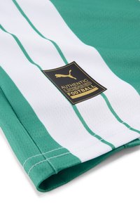 Maglia da calcio verde con strisce verticali bianche, con etichetta del logo Puma nera e oro. Realizzata in tessuto traspirante con una texture liscia.