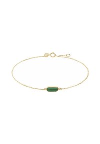 Gouden kettingarmband met een langwerpige groene steen in een ovale zetting, met een delicate schakelontwerp en een kreeftsluiting.