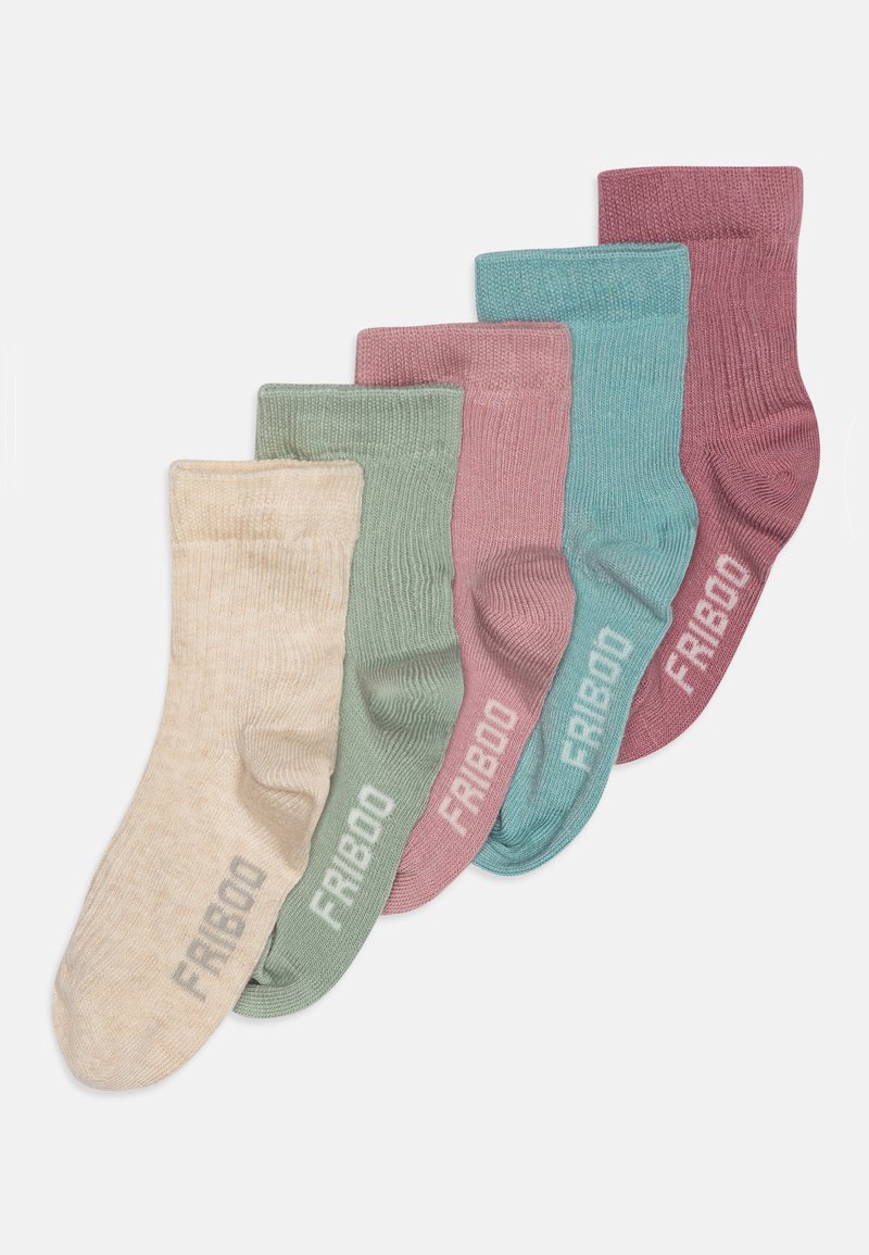 Set aus fünf Paar Knöchelsocken in Beige, Grün, Pink, Teal und Maroon. Gerippte Textur mit "FRIBOO"-Logo am Fußende.
