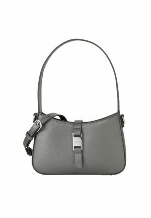 Petit sac à main en cuir gris avec une seule poignée sur le dessus, une bandoulière réglable et un détail de boucle argentée à l'avant.