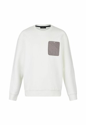 Witte sweatshirt met een ronde halslijn en lange mouwen, met een geborduurde grijze borstzak en een witte drukknoopdetail.