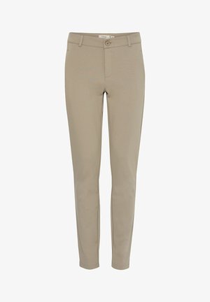 Pantaloni beige con una vestibilità slim, realizzati in un tessuto liscio. Presentano una cerniera frontale, chiusura con bottone e passanti per cintura. Nessun motivo visibile.