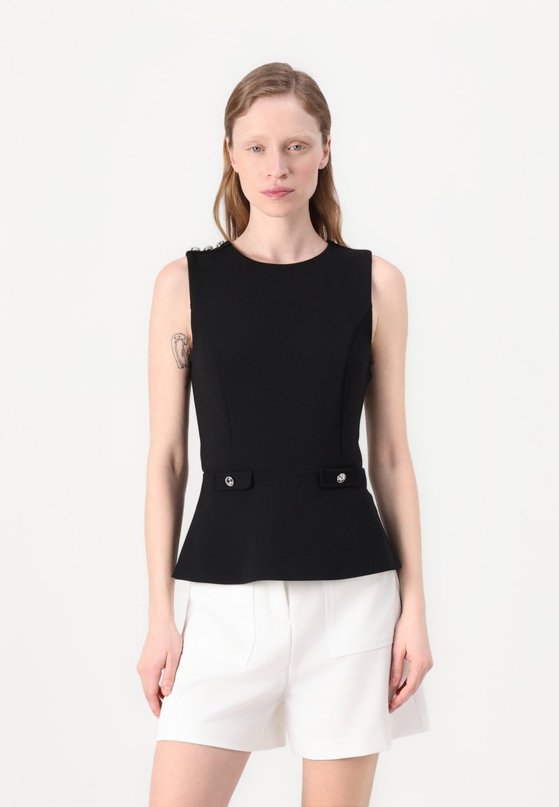 Top negru fără mâneci cu un design peplum, având două butoane în față și accente decorative la umeri. Material neted și ajustat.