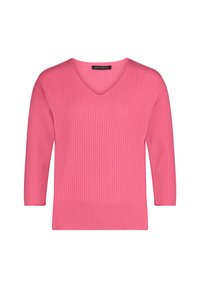 Pull-over côtelé en V de couleur rose vif, avec des manches trois-quarts et un design en tricot texturé. Étiquette de marque : Betty Barclay.