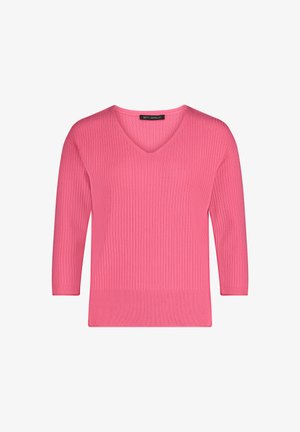 Żebrowany, pulower w serek w jaskrawym różowym kolorze, z rękawami do łokci i teksturowanym wzorem dzianiny. Marka: Betty Barclay.