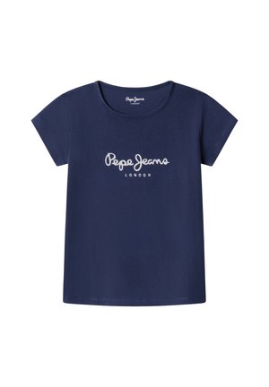 Tmavomodré tričko s krátkym rukávom a okrúhlym výstrihom, na prednej strane uprostred s bielym logom "Pepe Jeans London".
