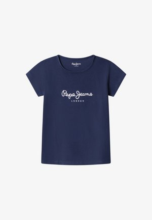Tumesinine lühikeste varrukatega T-särk ümara kaelusega, mille esiküljel on valge "Pepe Jeans London" logo keskel.