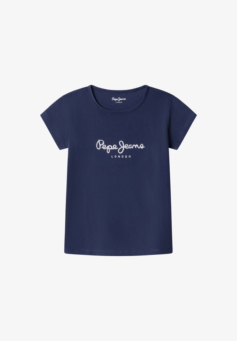 T-shirt bleu marine à manches courtes avec col rond, arborant le logo blanc "Pepe Jeans London" centré sur le devant.