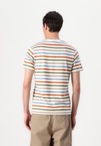 Striped t-shirt in cotton with horizontal stripes of orange, blue, green, and white. Short sleeves and classic crew neck design.
