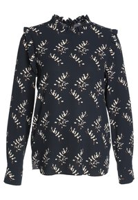 Námořnická blůza s bílým a světlobéžovým květinovým vzorem, dlouhými rukávy, volánkovým vysokým límcem a volánkovými detaily na ramenou.