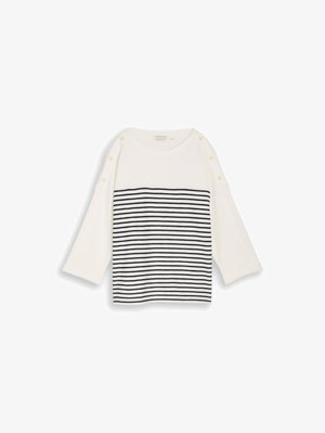 Chemise blanche à manches longues avec des rayures horizontales noires sur le bas de l'avant et des boutons le long des coutures des épaules.