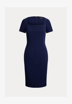 Robe près du corps bleu marine à manches courtes et décolleté carré. Confectionnée dans un tissu lisse, elle possède une fermeture éclair au dos et une silhouette ajustée.