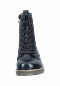 Black leather lace-up ankle boots with a side zipper, rugged sole, and textured finish. Features round toe and reinforced stitching.