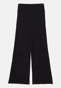 Pantaloni neri a gamba larga realizzati in tessuto a rete con vita regolabile. La texture è traspirante e leggera, adatta per un abbigliamento casual.