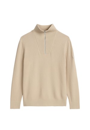 Maglione beige a costine con maniche lunghe e una corta cerniera argentata all'alto colletto.