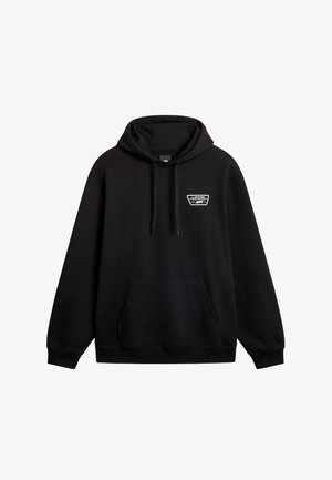 Felpa nera con cappuccio in misto cotone, dotata di una tasca frontale, cappuccio con cordino e piccolo patch logo bianco sul petto.