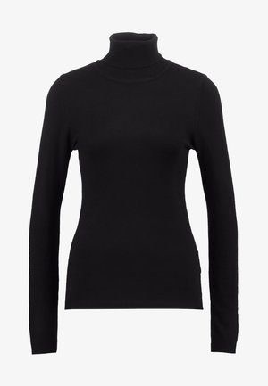 Pull à col roulé noir en tissu doux, doté de manches longues et d'une silhouette ajustée. Design uni sans motifs ni embellissements visibles.